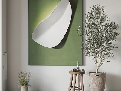 Modern Interior Decor With Green Painting White Abstract Mirror And Olive Tree 3d model