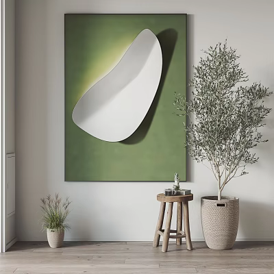 Modern Interior Decor With Green Painting White Abstract Mirror And Olive Tree 3d model