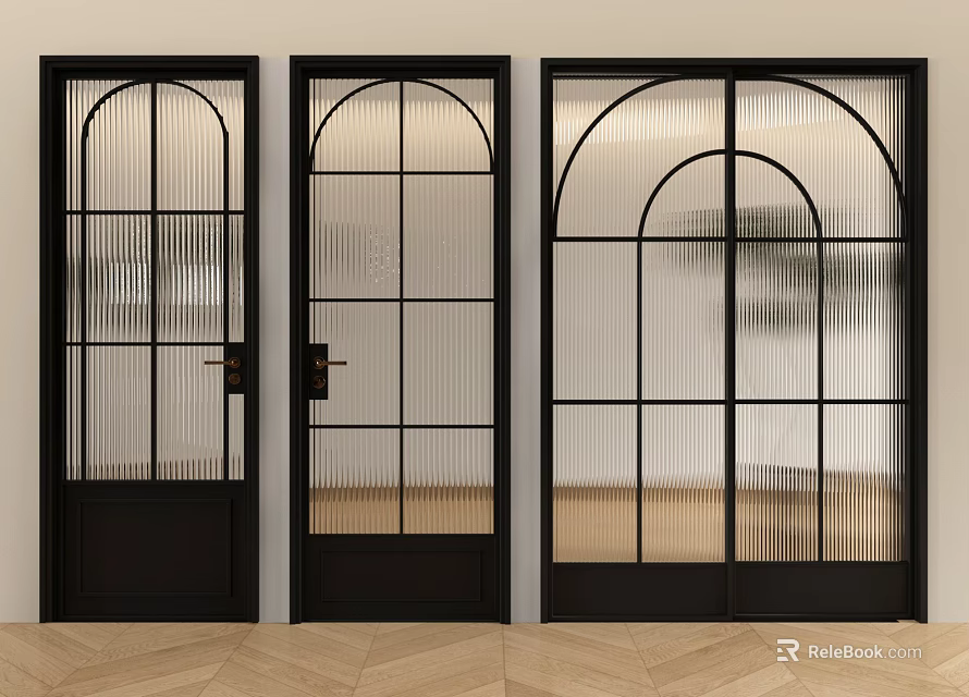 Modern Black Double Doors With Arched Glass Panels And Grid Design 3d model 