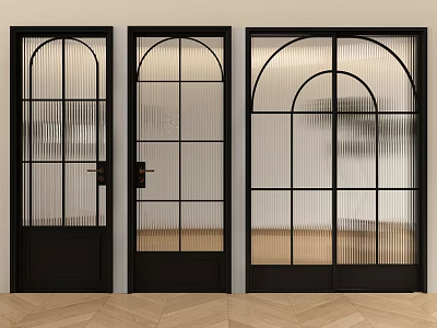 Modern Black Double Doors With Arched Glass Panels And Grid Design 3d model