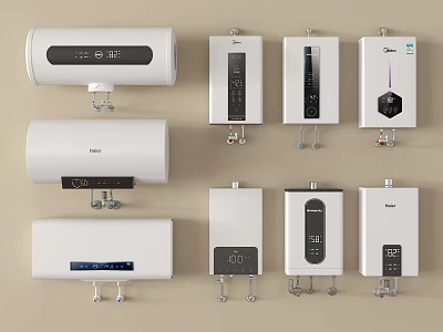 Various Types Of Water Heaters As Modern Kitchen Appliances With Digital Displays 3d model