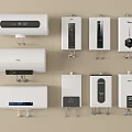 Various Types Of Water Heaters As Modern Kitchen Appliances With Digital Displays