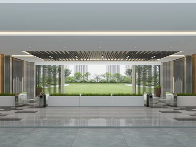 Modern Sales Office Interior With Glass Curtain Wall Lawn View Reception Area And Polished Floor 3d model