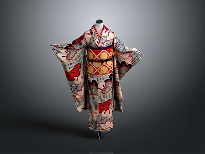 Traditional Kimono Garment With Red Black Patterns And Decorative Obi Belt 3d model