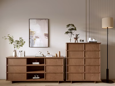 Modern Wooden Chest of Drawers With Floor Lamp Potted Plants And Wall Artwork 3d model