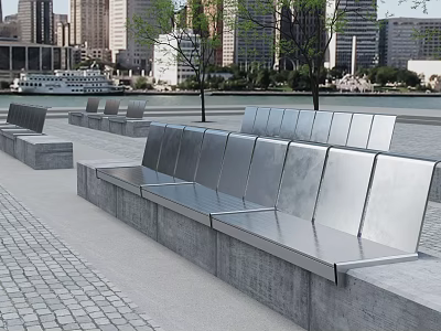 Modern Urban Landscape Seats With Metal Backrests Concrete Base And Waterfront View 3d model