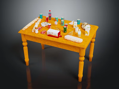 Assorted Food Items On Yellow Table With Bread Milk Eggs And Drinks 3d model