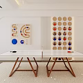 Modern White Table Tennis Table With Wooden Legs In Indoor Room And Wall Target Boards