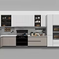 Modern Kitchen Interior With White And Gray Cabinets Black Stove Countertop And Refrigerator