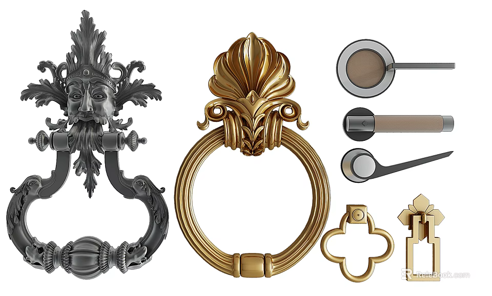 Various Elegant Door Handles In Classic Gold And Modern Metal Designs 3d model 