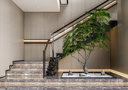 Pine trees and green plants at the end of the stairwell 3d model