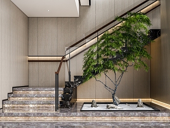 Pine trees and green plants at the end of the stairwell 3d model