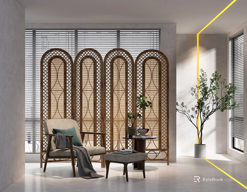 Modern Rattan Room Divider With Arched Design In Interior With Chair And Plant 3d model 
