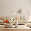 Cozy Beige Sofa Coffee Table Set With Flower Cushion Orange Blanket Rabbit And Round Table