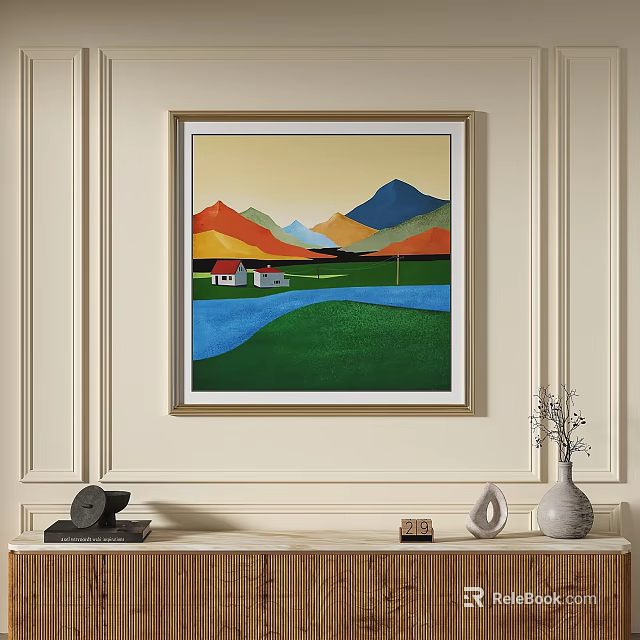 Vibrant Landscape Painting With Colorful Mountains Green Meadow Blue Water And Small White House 3d model 