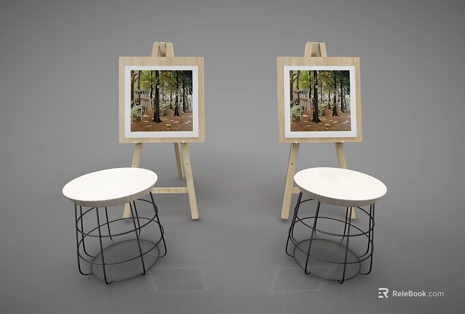 Wooden Easels With Forest Paintings And Metal Frame Round Stools For Art Supplies 3d model 