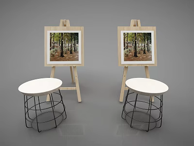 Wooden Easels With Forest Paintings And Metal Frame Round Stools For Art Supplies 3d model