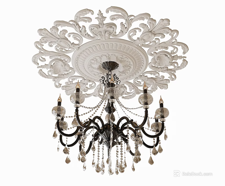 Ornate Crystal Chandelier With Intricate Carved Details And Hanging Crystal Pendants 3d model 