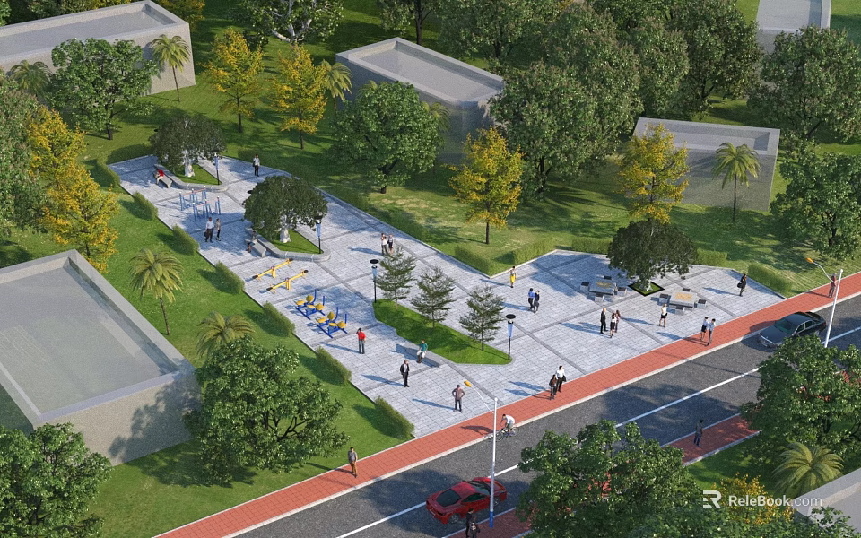 Modern Open Park Landscape With Lush Green Trees Paved Walkways And Leisure Spaces 3d model 