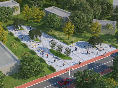 Modern Open Park Landscape With Lush Green Trees Paved Walkways And Leisure Spaces 3d model