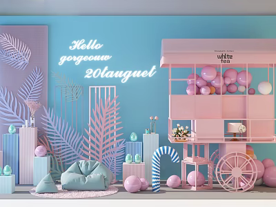 Pastel Pink Dessert Cart With Blue Background And Palm Leaf Decorations 3d model