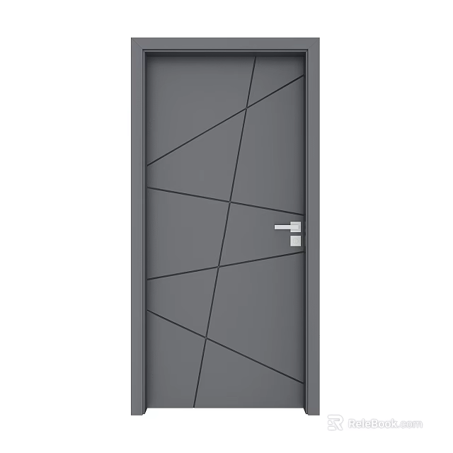 Modern Gray Swing Door With Geometric Line Patterns And Silver Handle Design 3d model