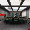 Elegant Private Dining Box Interior Featuring Blue Wall Crane Pine Pattern Round Table Green Chairs 3d model