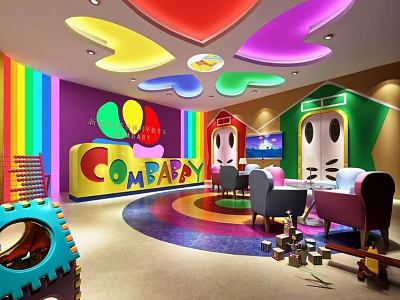 Vibrant COMBABY Kindergarten With Rainbow Walls Colorful Ceiling Toys And Seats 3d model