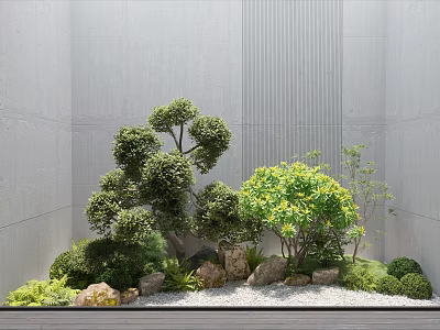 Serene Courtyard Garden with Pruned Trees Various Stones Green Shrubs Gravel Ground and Wooden Flooring 3d model