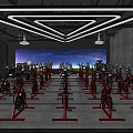 Modern Fitness Studio With Spin Bikes Blue Neon Lighting And Starry Screen Backdrop
