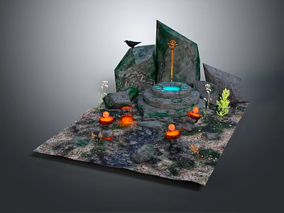 Cartoon Scene With Glowing Blue Pool Orange Lanterns Black Crow And Mossy Rocks 3d model