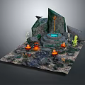Cartoon Scene With Glowing Blue Pool Orange Lanterns Black Crow And Mossy Rocks