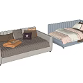 Light Gray And Blue Kids Bed With Upholstered Headboard Soft Pillows Blankets And Stuffed Toys