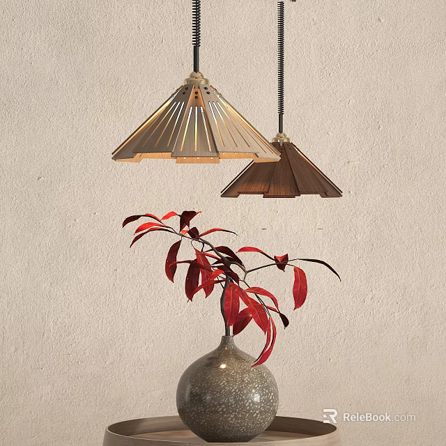 Two Pleated Pendant Lights In Beige And Brown With Red Leaf Vase On Wall 3d model 
