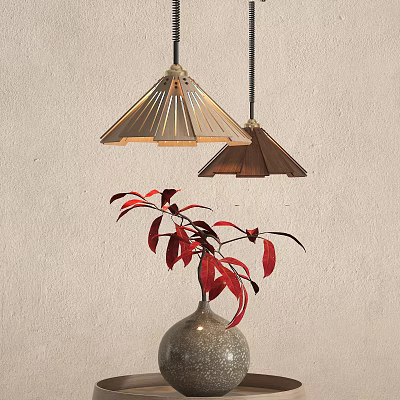 Two Pleated Pendant Lights In Beige And Brown With Red Leaf Vase On Wall 3d model