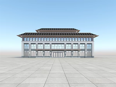 Traditional Chinese Style Office Building With Modern Design Large Windows And Open Plaza 3d model