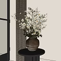 Bonsai Plant With White Small Flowers In Brown Pottery Pot And Indoor Curtain Wall