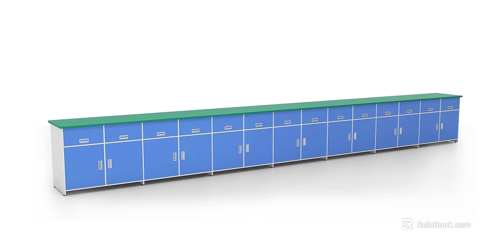 Functional Blue Long Bookcase With Multiple Doors Drawers And Green Countertop 3d model 