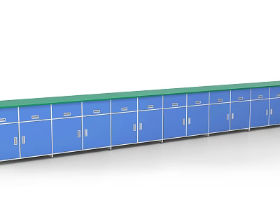 Functional Blue Long Bookcase With Multiple Doors Drawers And Green Countertop 3d model
