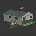 Small Township Building With Blue Roof American Flag And Bulletin Board