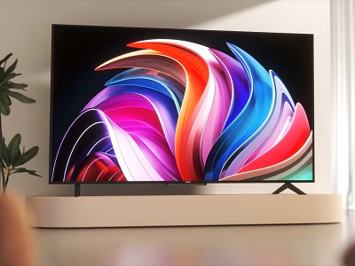 Modern Television With Colorful Abstract Screen On TV Stand In Living Room 3d model