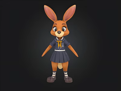 Cute Cartoon Rabbit With Big Ears In School Uniform Standing On Black Background 3d model