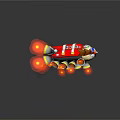 Red Yellow Rocket Ship With Windows Multiple Thrusters And Glowing Orange Flames 3d model