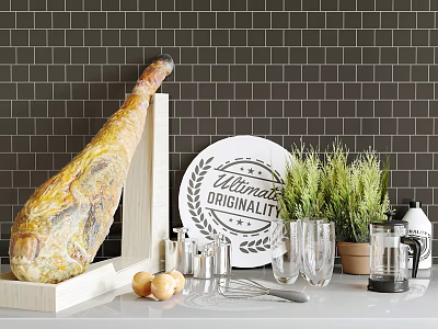 Kitchen Countertop Setup With Ham Holder Ultimate Originality Platter Fresh Herbs Glassware And Measuring Tools 3d model