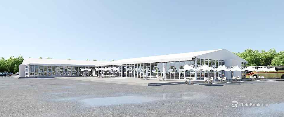 Modern White Long Building With Glass Windows And Outdoor Seating With White Umbrellas 3d model 