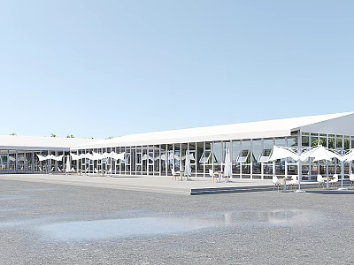 Modern White Long Building With Glass Windows And Outdoor Seating With White Umbrellas 3d model