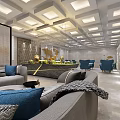 Airport VIP Lounge Interior With Blue Seats Marble Flooring And Golden World Map Decor