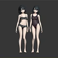 Two Women With Short Hair Wearing Bikini And One Piece Swimsuit In Gray Background
