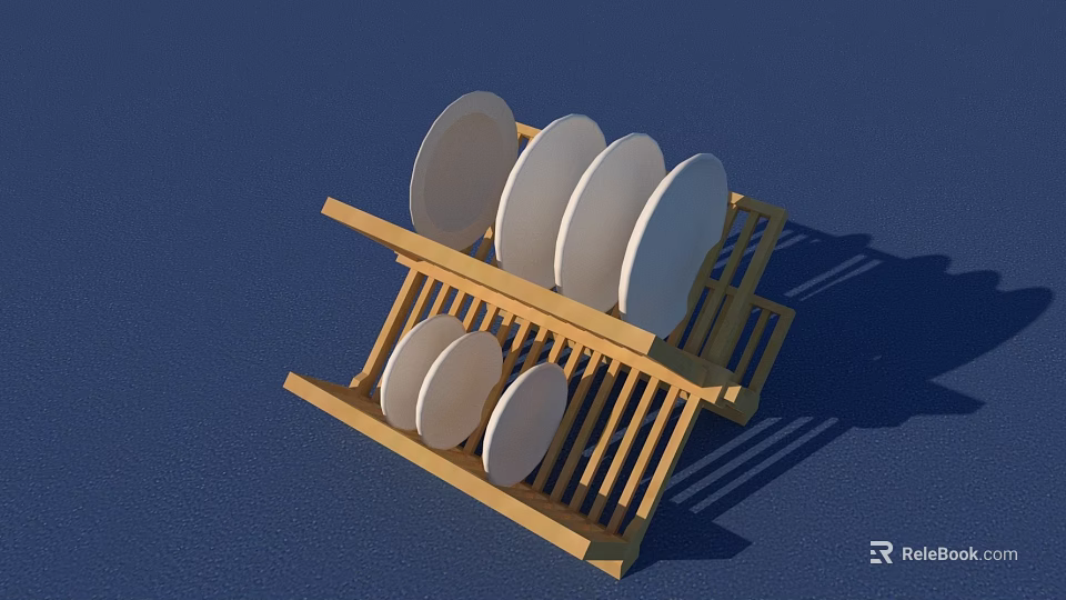 Dinnerware Set With White Plates And Bowls On Wooden Dish Rack 3d model 