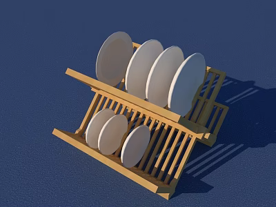 Dinnerware Set With White Plates And Bowls On Wooden Dish Rack 3d model